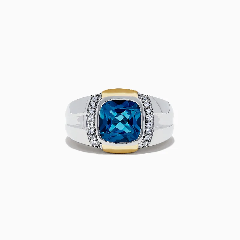 Vintage engagement rings for men-Men's Sterling Silver Blue Topaz and White Sapphire Ring, 5.32 TCW