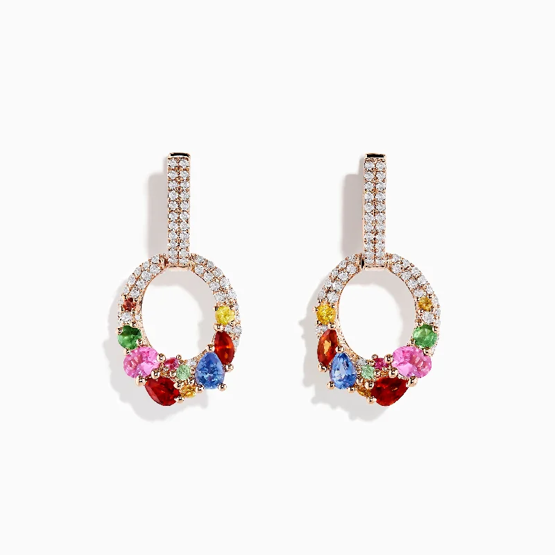 Chic Earrings For Cocktail Parties-14K Rose Gold Multi Sapphire and Diamond Earrings