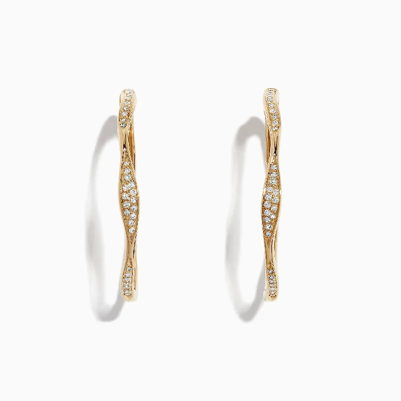 Silver Chandelier Earrings For Glamorous Fashion-D'Oro 14K Yellow Gold 1 1/4" Diamond Wave Hoop Earrings, 0.25 TCW