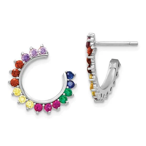 Chic Hoop Earrings For Everyday Wear-Sterling Silver Colorful Rainbow Open Side Hoop Earrings