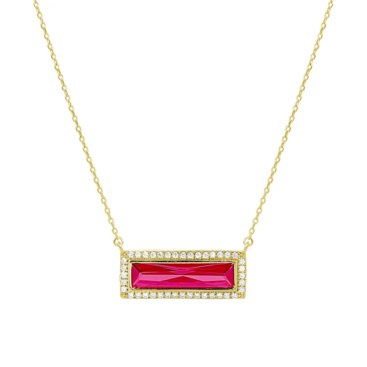 Fashion jewelry necklaces for teens-Gold Finish Sterling Silver Necklace with Rectangular Simulated Ruby Stone and Simulated Diamonds on 16" - 18" Chain