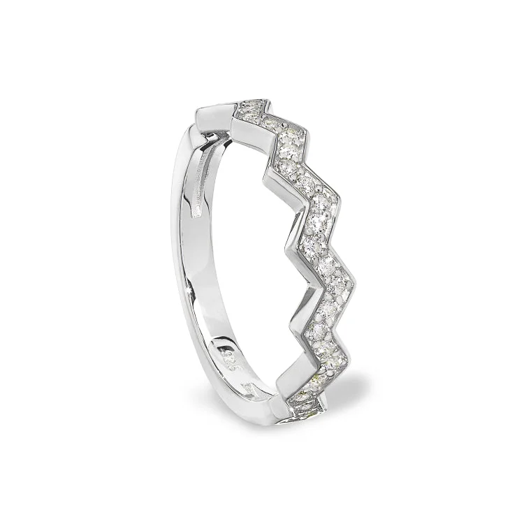 Affordable engagement rings with diamonds-Platinum Finish Sterling Silver Micropave Ups and Downs Ring with Simulated Diamonds