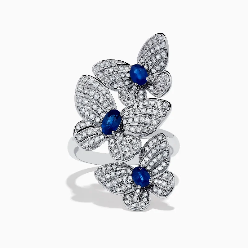 Custom rings-Nature 14K White Gold Blue Sapphire and Diamond Butterfly Ring