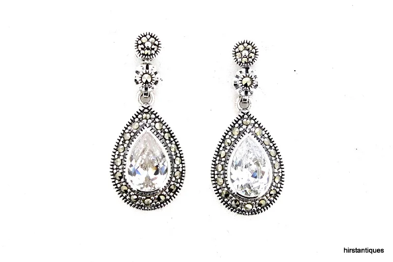 Long Earrings For Formal Dress-Silver Marcasite Clear Cubic zirconia Bridal Earrings Vintage Wedding Large Tear Drop