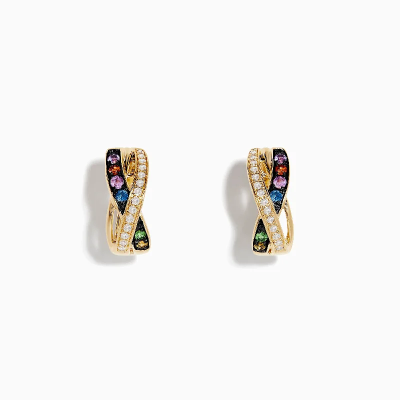 Large Drop Earrings For Parties-Watercolors 14K Yellow Gold Multi Sapphire and Diamond Earrings