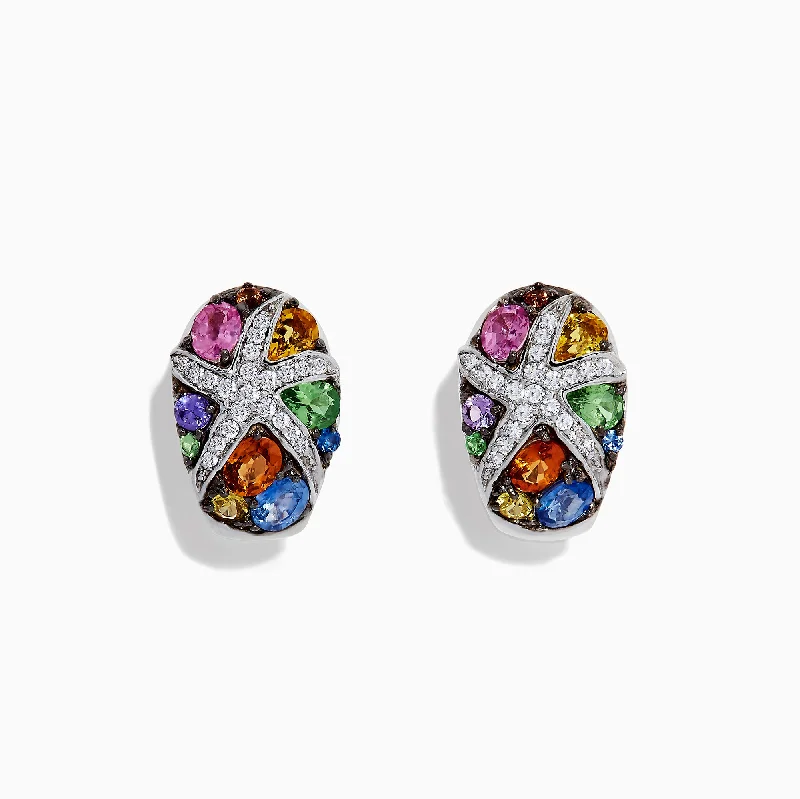 Luxury Earrings For High-End Fashion-Watercolors 14K White Gold Multi Sapphire & Diamond Earrings, 3.01 TCW