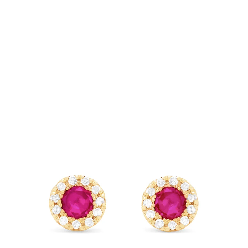 Fashionable Drop Earrings For Evening Parties-Ruby Royale 14K Yellow Gold Round Diamond Halo Ruby Stud Earrings, 0.47 TCW