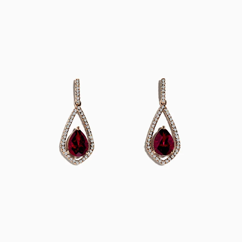 Geometric Earrings For Trendy Fashion-Bordeaux 14K Rose Gold Rhodolite Garnet and Diamond Earrings, 2.79 TCW