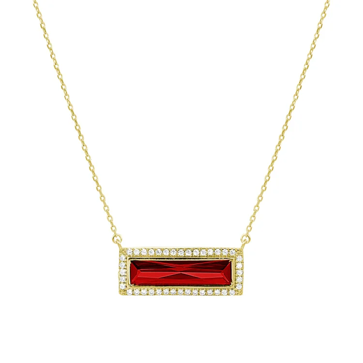 Silver necklaces for women-Gold Finish Sterling Silver Necklace with Rectangular Simulated Garnet Stone and Simulated Diamonds on 16" - 18" Chain