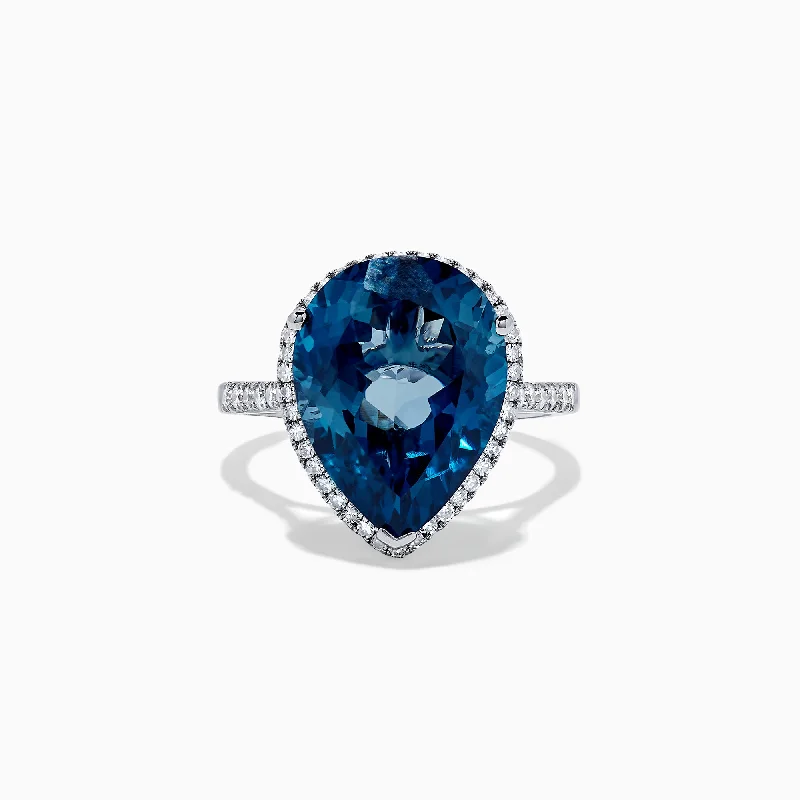 Boho rings-Ocean Bleu 14K Gold London Blue Topaz and Diamond Ring, 11.21 TCW