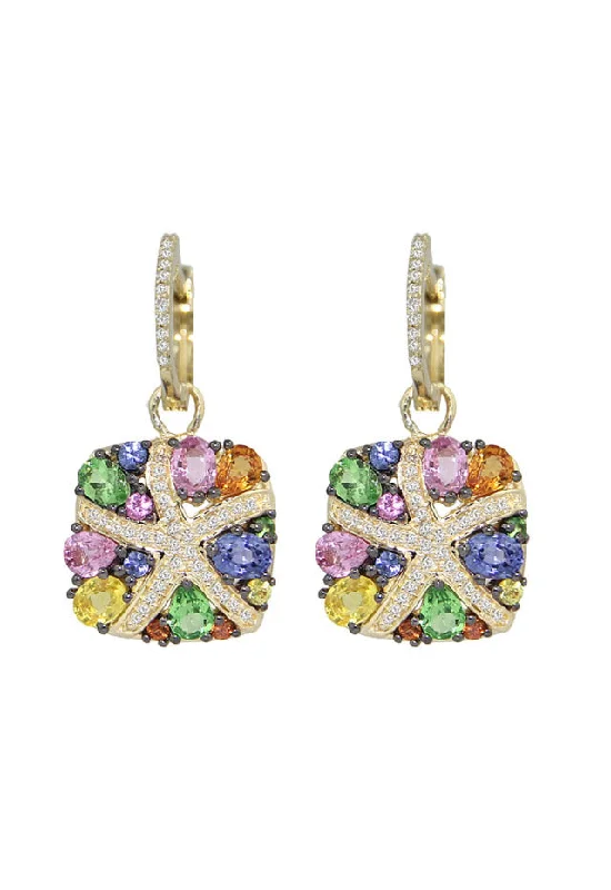 Crystal Earrings For Sparkling Effect-Watercolors 14K Yellow Gold Multi Sapphire & Diamond Earrings, 3.98 TCW