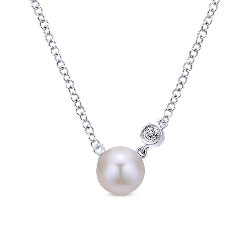 Custom made necklaces for gifts-Pearl Necklace with Diamond Accent in Silver by Gabriel & Co.