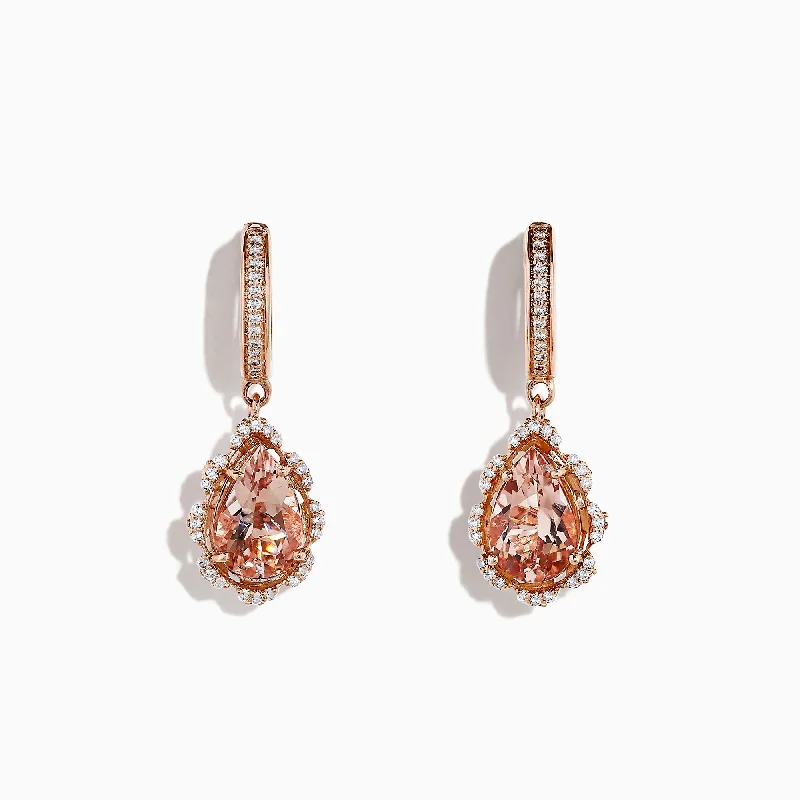 Small Gold Earrings For Casual Look-Blush 14K Rose Gold Morganite and Diamond Drop Earrings, 2.63 TCW