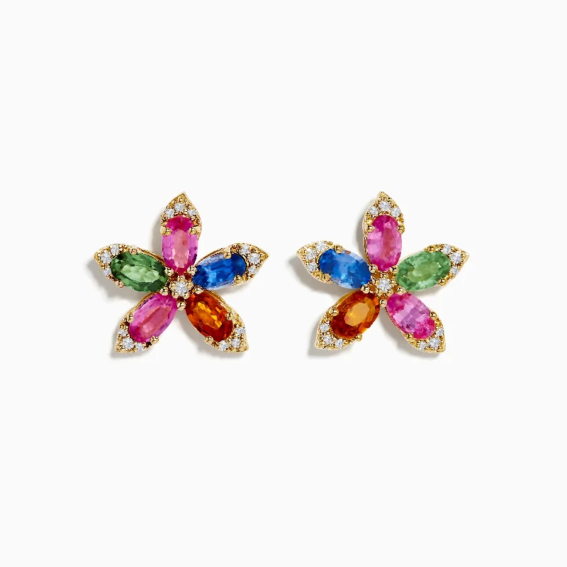 Custom Earrings For Personalized Look-Watercolors 14K Yellow Gold Multi Sapphire and Diamond Flower Earrings