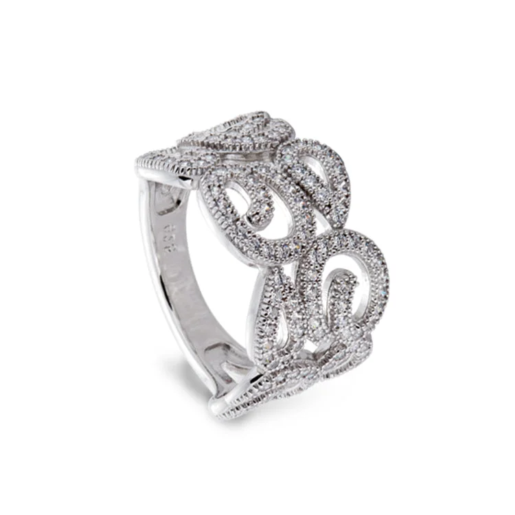 Birthstone wedding rings-Platinum Finish Sterling Silver Micropave Swirl Ring with 126 Simulated Diamonds