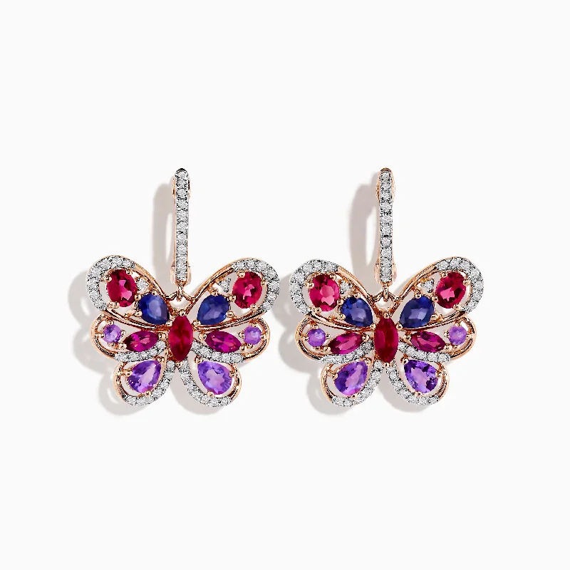 Stylish Earrings For Bridal Fashion-14K Rose Gold Multi-Stone and Diamond Butterfly Drop Earrings