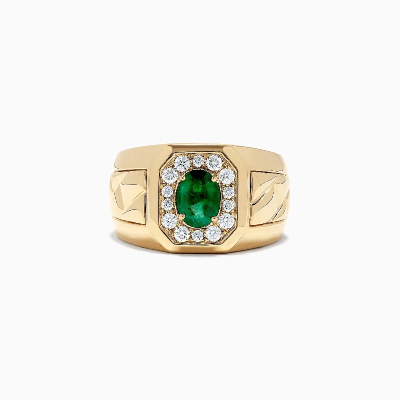 Gemstone rings for men-Men's 14K Yellow Gold Emerald and Diamond Ring, 1.55 TCW