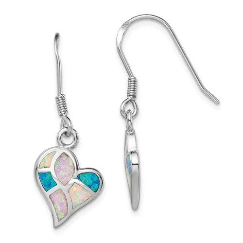 Lightweight Stud Earrings For Comfort-Sterling Silver Pink, Blue and White Rainbow Created Opal Heart Dangle Earrings