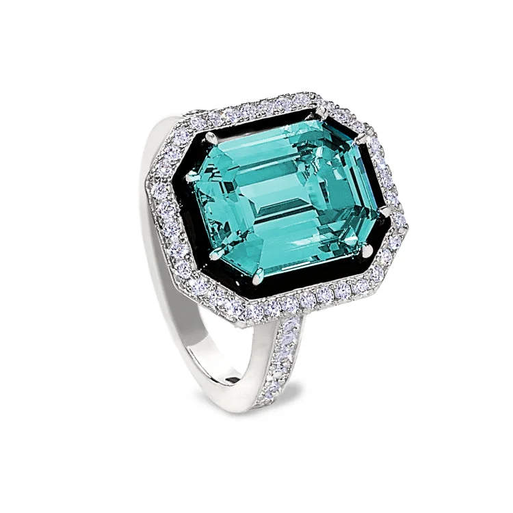 Custom gold wedding bands-Platinum Finish Sterling Silver Micropave Black Enamel & Aqua Spinel Octagon Ring with Simulated Diamonds - Size 9