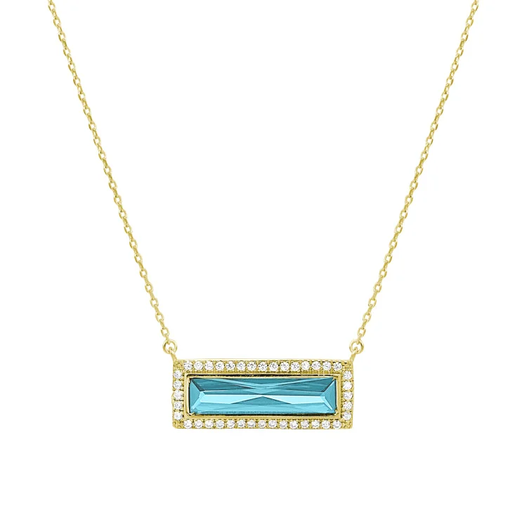 Silver necklaces with abstract pendants-Gold Finish Sterling Silver Necklace with Rectangular Simulated Aquamarine Stone and Simulated Diamonds on 16" - 18" Chain