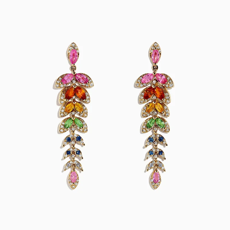 Feather Earrings For Boho Style-Watercolors 14K Gold Multi Sapphire and Diamond Earrings, 3.65 TCW