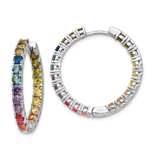 Boho Chic Earrings For Free-Spirited Style-Sterling Silver Colorful Rainbow In and Out Hoop Earrings