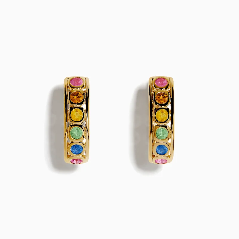 Unique Earrings For Casual Style-Watercolors 14K Yellow Gold Multi Color Sapphire Bezel Hoop Earrings