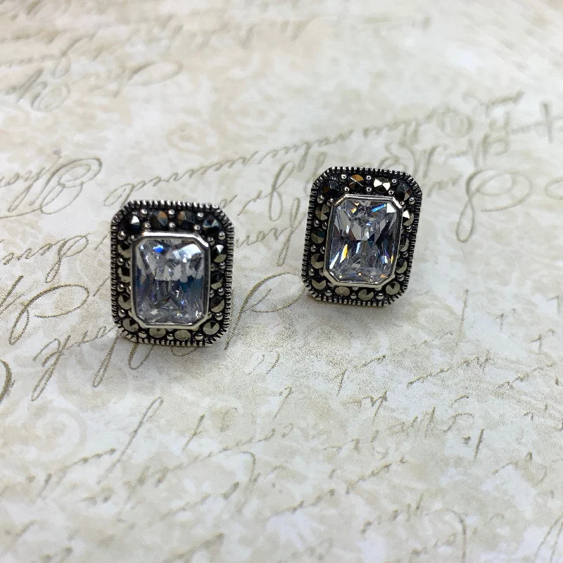 Huggie Earrings For Chic Look-Silver Marcasite Clear Crystal  Earrings Square Studs Diamante