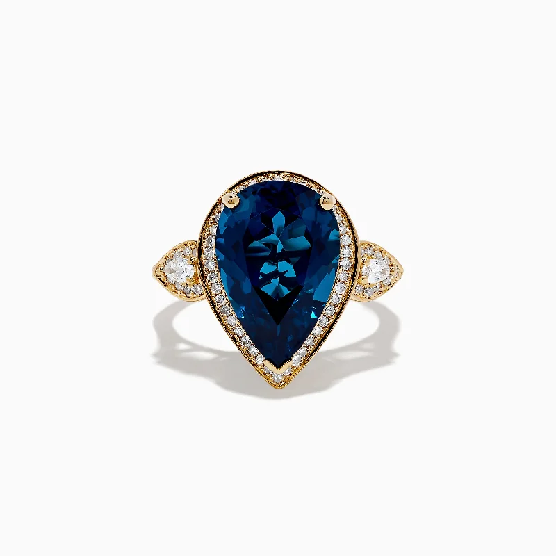 Solitaire diamond rings-Ocean Bleu 14K Yellow Gold Blue Topaz and Diamond Teardrop Ring