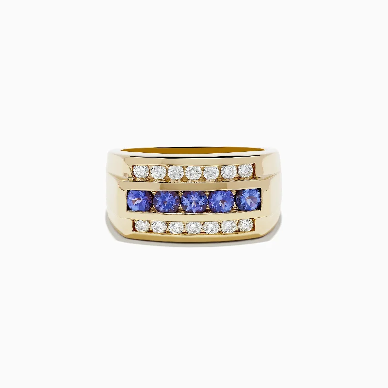 Rose gold wedding bands for men-Men's 14K Yellow Gold Tanzanite and Diamond Ring