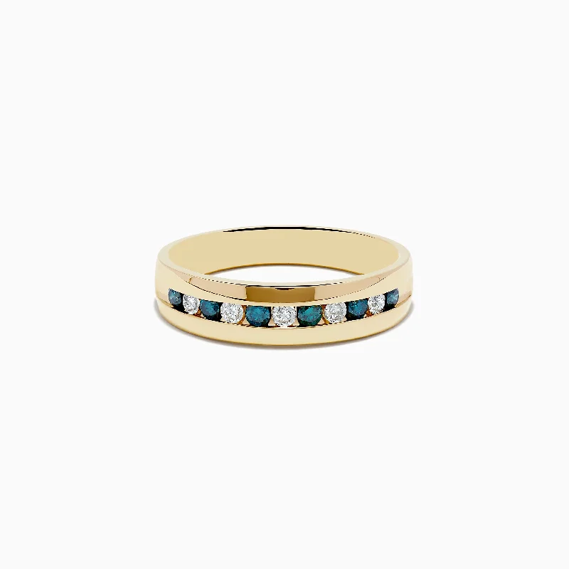 Custom wedding rings for couples-Men's 14K Yellow Gold White and Blue Diamond Ring