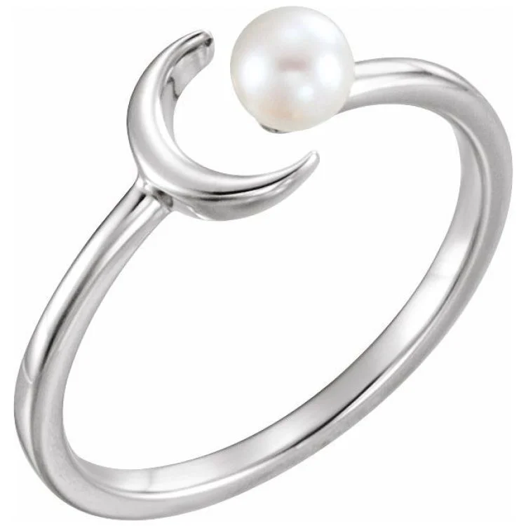 Designer engagement rings-14K White Cultured White Freshwater Pearl Crescent Moon Ring