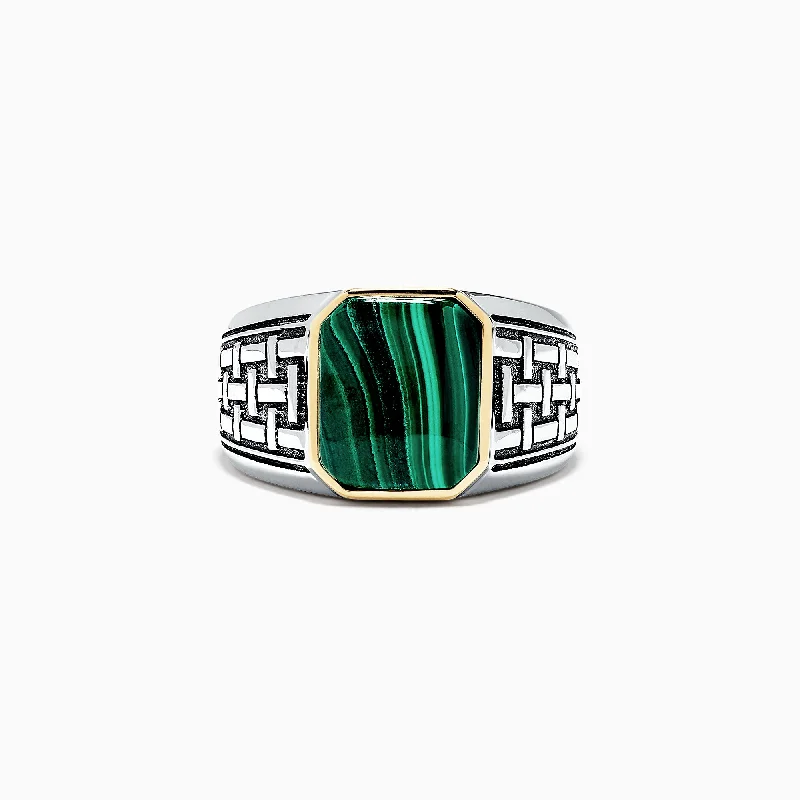 Engagement rings with colored gemstones-Men's Sterling Silver and 14K Yellow Gold Malachite Ring, 6.05 TCW