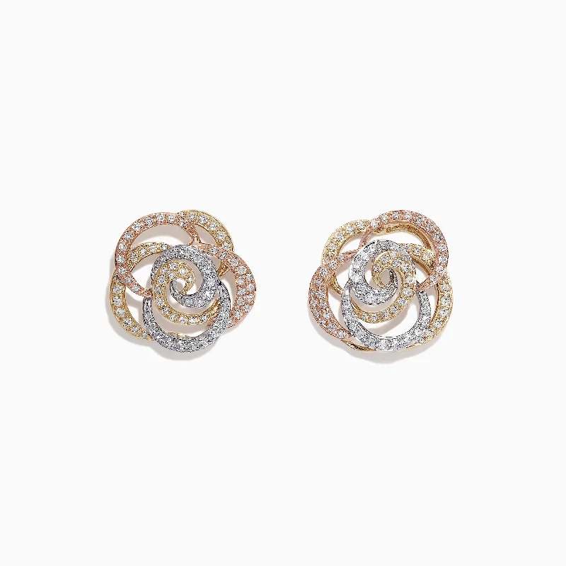 Chic Hoop Earrings For Everyday Wear-Trio 14K Tri Tone Gold Diamond Flower Earrings, 0.61 TCW