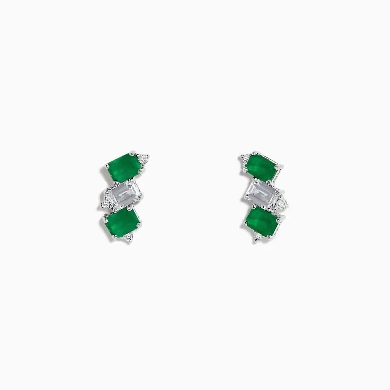 Geometric Earrings For Contemporary Fashion-14K White Gold Emerald, White Sapphire, and Diamond Stud Earrings