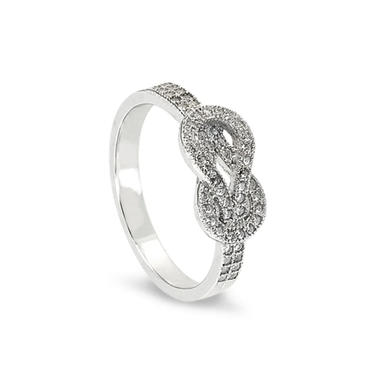 Small diamond rings-Platinum Finish Sterling Silver Micropave Knot Ring with Simulated Diamonds