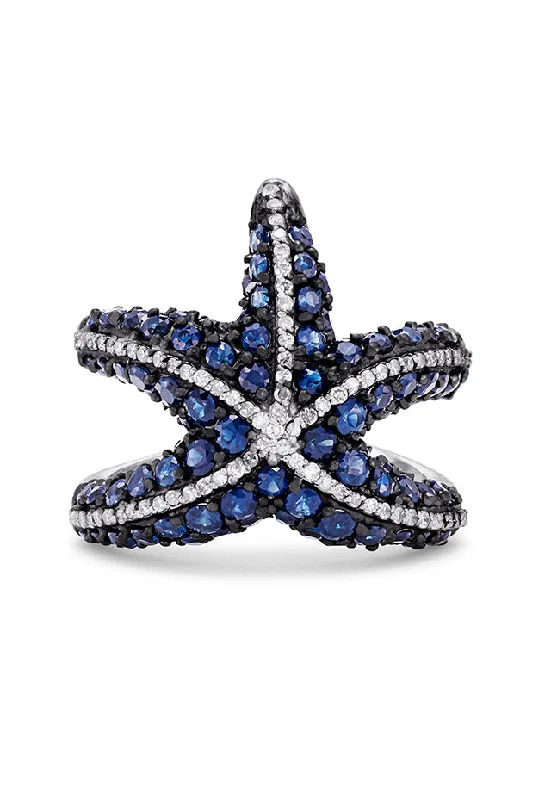 Classic sapphire wedding rings-Seaside 14K White Gold Sapphire & Diamond Starfish Ring