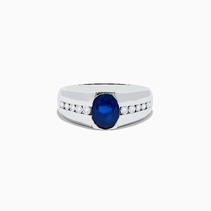 Personalized wedding rings-Men's 14K White Gold Sapphire and Diamond Ring