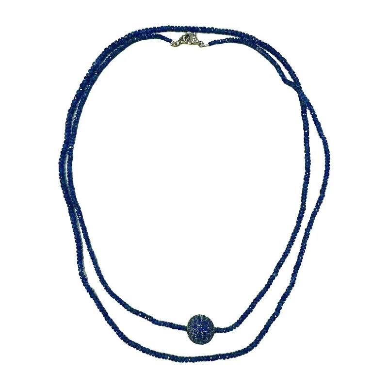 Sterling silver necklace pendants-38" Sapphire Bead Necklace with Sapphire Ball Element