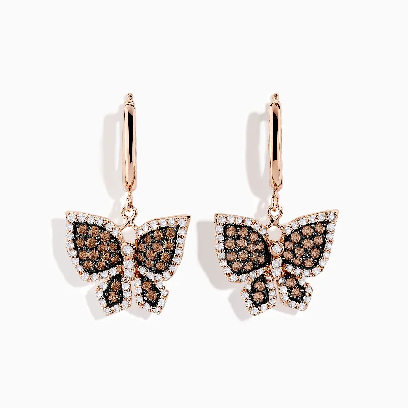 Fancy Dangle Earrings For Elegant Evening-Safari 14K Rose Gold Espresso & White Diamond Butterfly Earrings