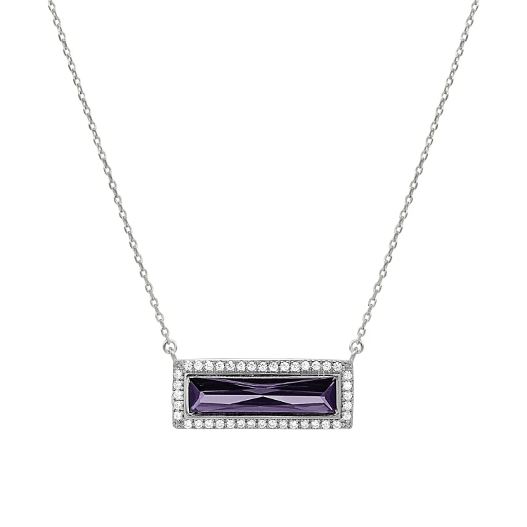 Gemstone necklaces for family gifts-Rhodium Finish Sterling Silver Necklace with Rectangular Simulated Amethyst Stone and Simulated Diamonds on 16" - 18" Chain