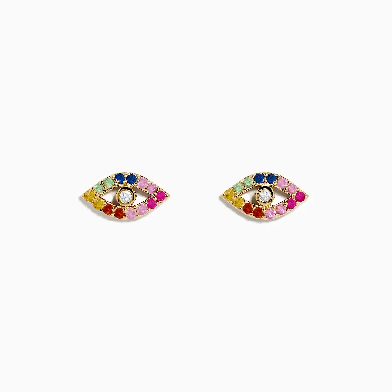 Gold Hoop Earrings For Women-14K Yellow GoldMulti Color Sapphire and Diamond Evil Eye Earrings