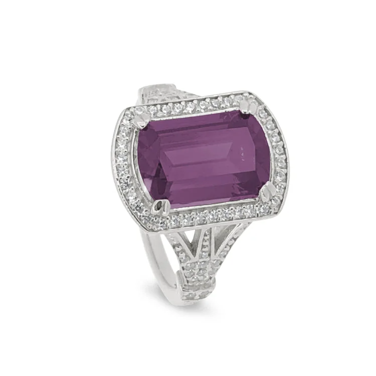 Fashion rings-Platinum Finish Sterling Silver Micropave Emerald Cut Pink Stone Ring with Simulated Diamongs