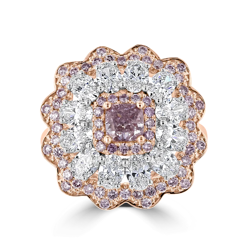 Custom diamond rings for women-JULEVE 3.55 CARAT TOTAL WEIGHT FANCY PURPLE PINK CENTER WITH WHITE & PINK DIAMOND HALO RING