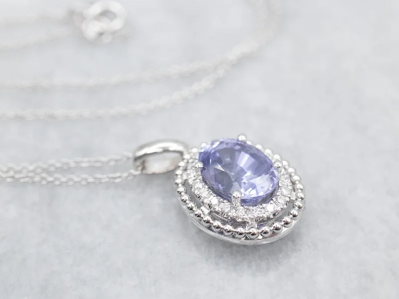 Custom name necklaces for kids-Sapphire and Double Diamond Halo Pendant Necklace