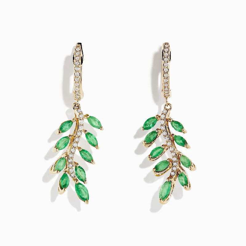 Beaded Earrings For Playful Style-14K Yellow Gold Emerald and Diamond Leaf Earrings