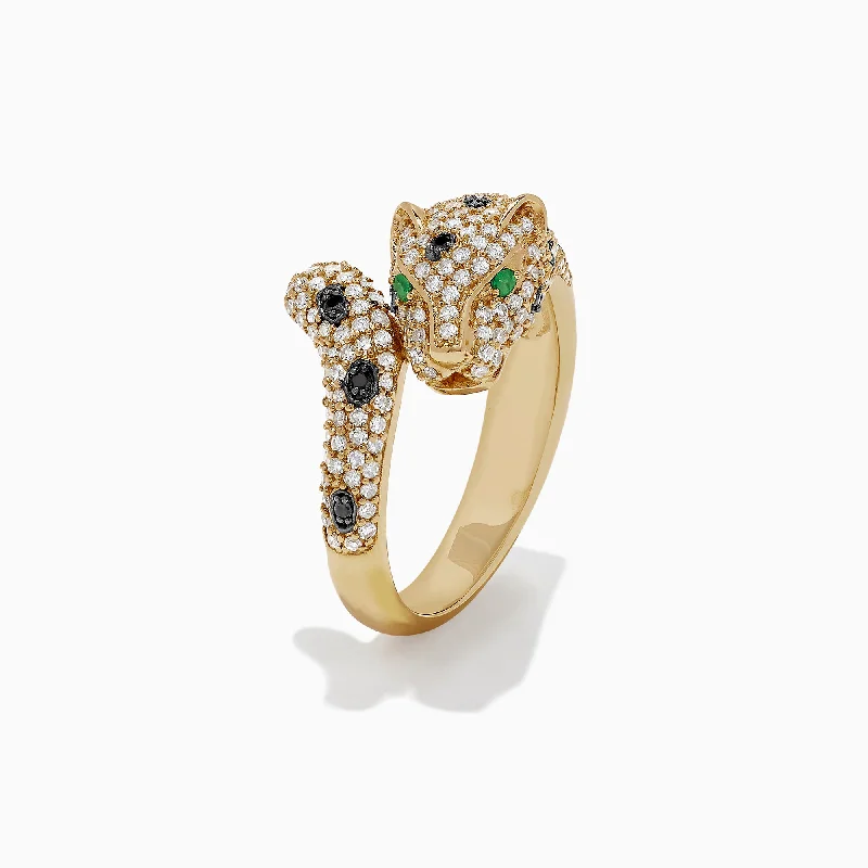 Custom gold engagement rings-Signature 14K Yellow Gold Diamond & Emerald Panther Ring, 0.92 TCW