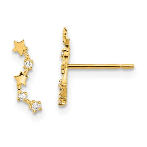 Chic Statement Earrings For Bold Fashion-14k Yellow Gold Curved Stars CZ Post Climber Earrings