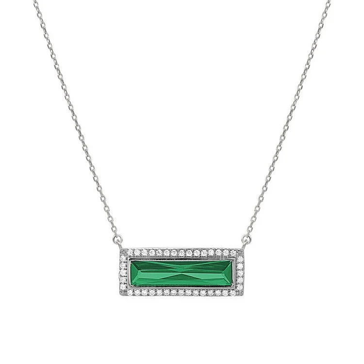 Personalized name necklaces-Rhodium Finish Sterling Silver Necklace with Rectangular Simulated Emerald Stone and Simulated Diamonds on 16" - 18" Chain