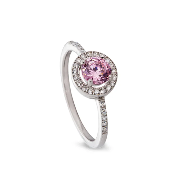 His and hers rings-Platinum Finish Sterling Silver Micropave Simulated Pink Sapphire Ring with Simulated Diamonds